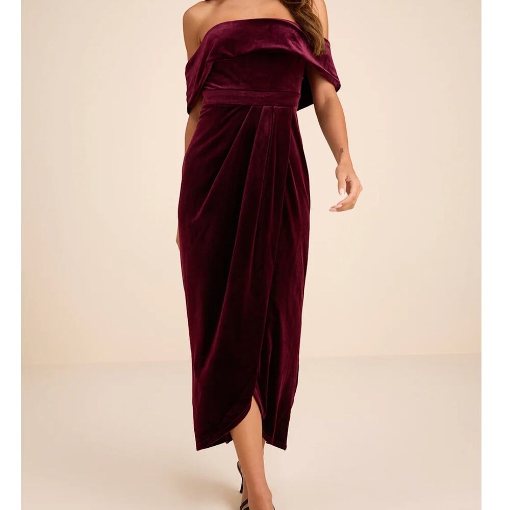NEW Lulus I'm Enchanted Burgundy Velvet Off-the-Shoulder Tulip Dress Medium